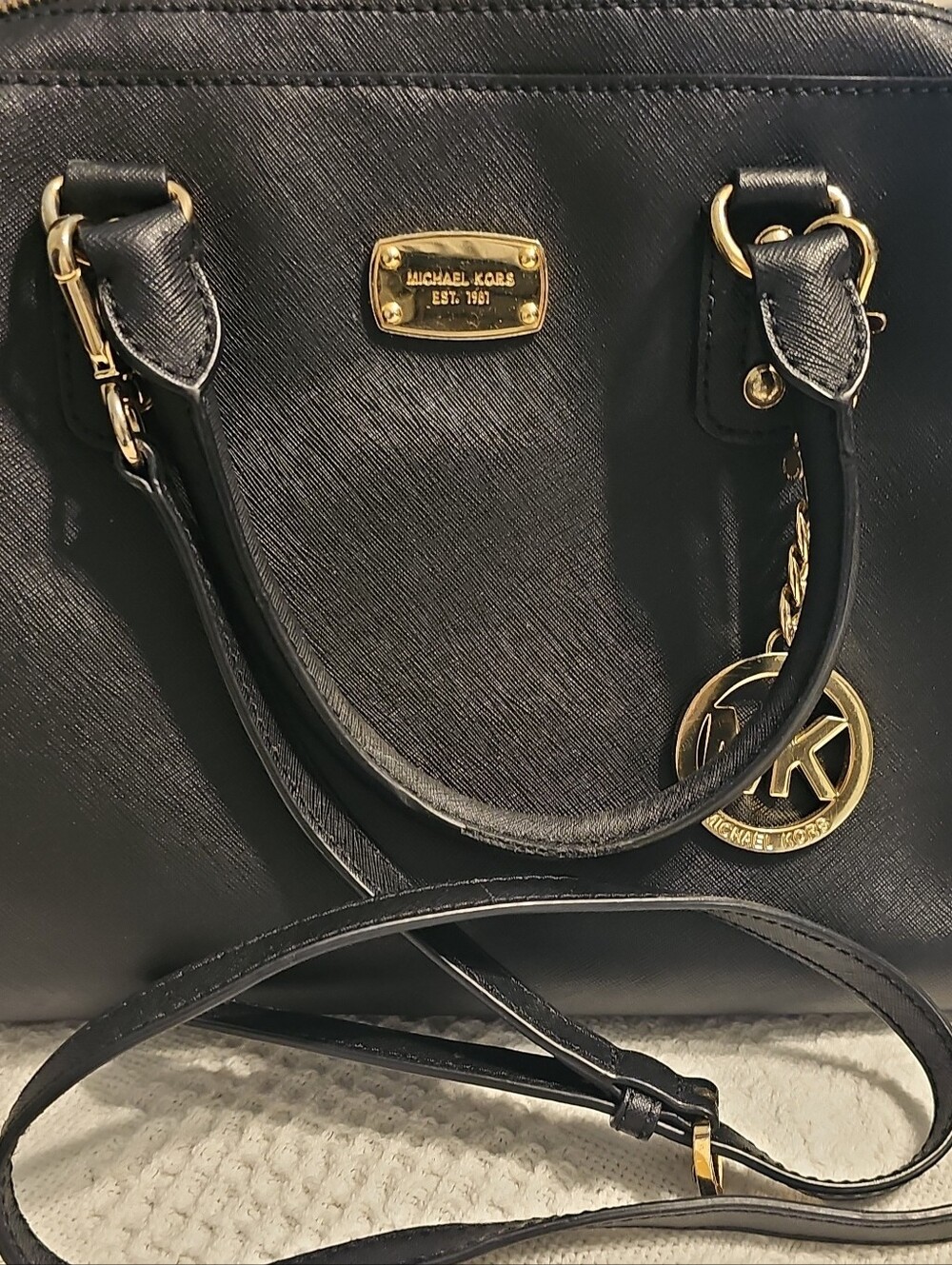 Michael Kors Black Leather Satchel with Gold Accents